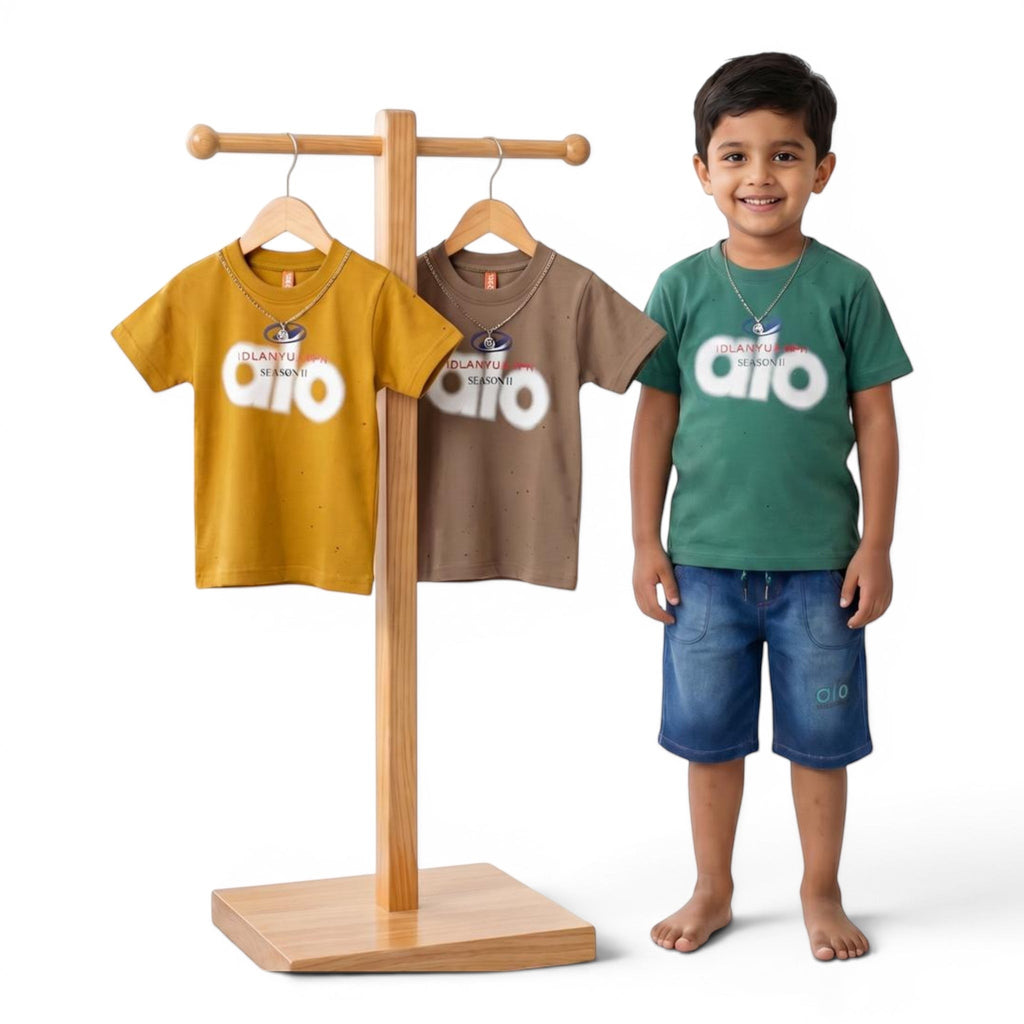Mini & Mama Boys Graphic Print Cotton T-Shirt Set in mustard yellow, brown, and green. Features crew neck, short sleeves, and graphic prints.