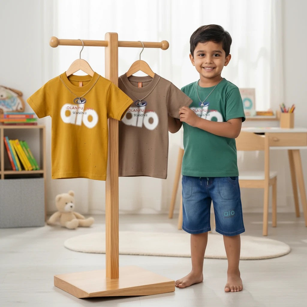 Mini & Mama boys graphic print cotton t-shirt set in mustard yellow, brown, and green. Features crew neck and short sleeves.