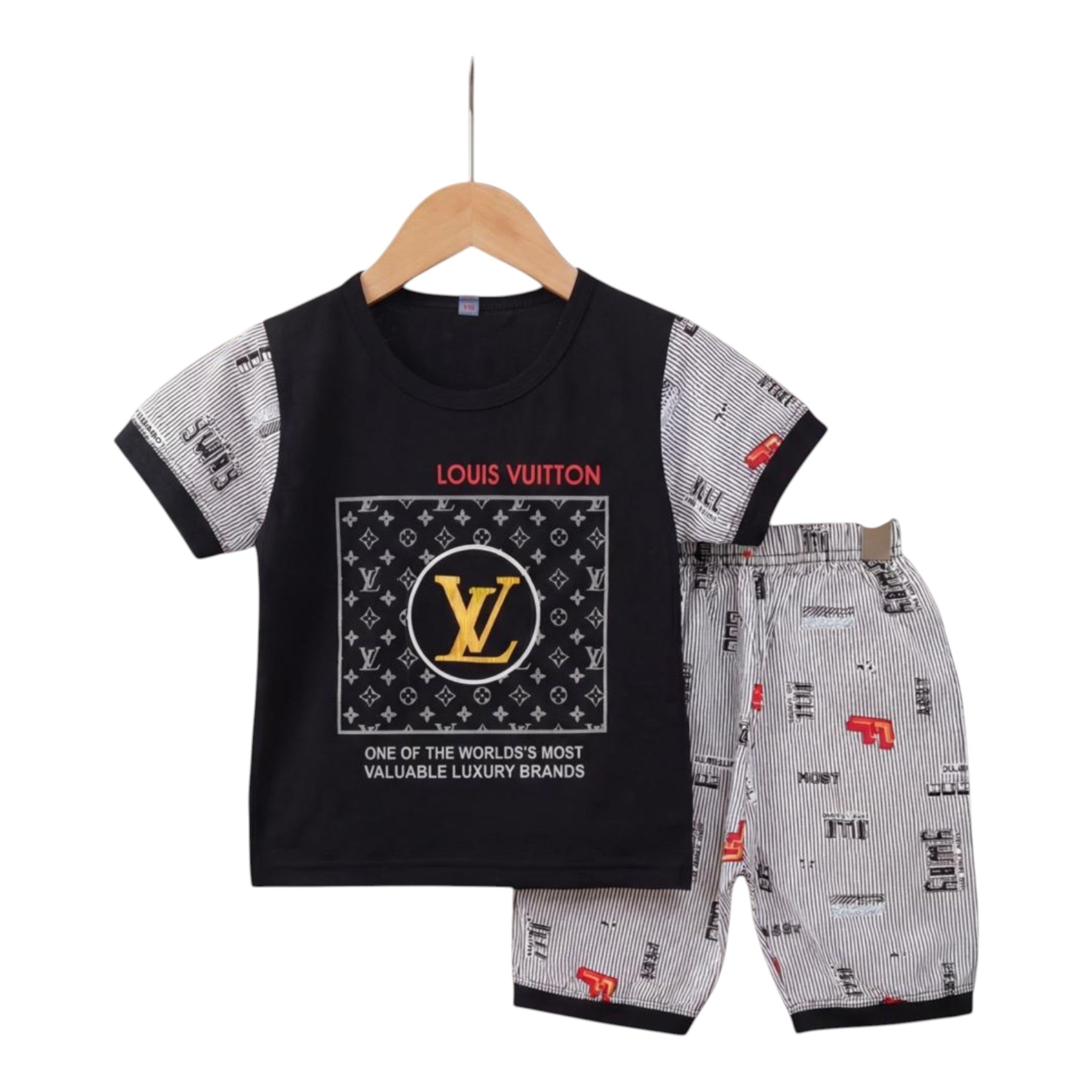 Mini & Mama boys black t-shirt with graphic print and striped shorts set. Cotton blend.