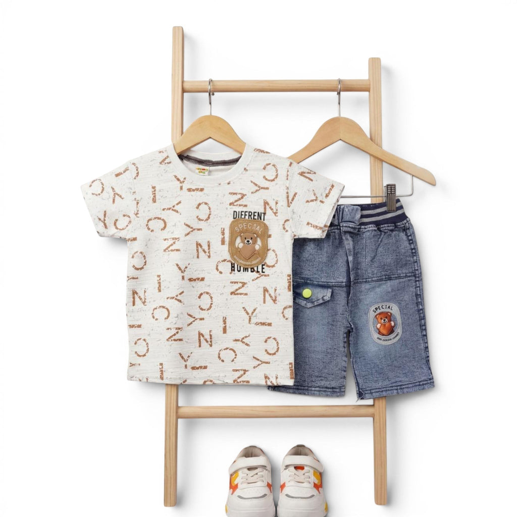 Mini & Mama Boys cream graphic print t-shirt with bear motif and denim shorts set.