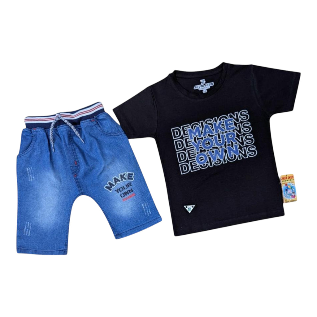 Mini & Mama boys black cotton graphic t-shirt and blue denim shorts set with drawstring waist and distressed details.