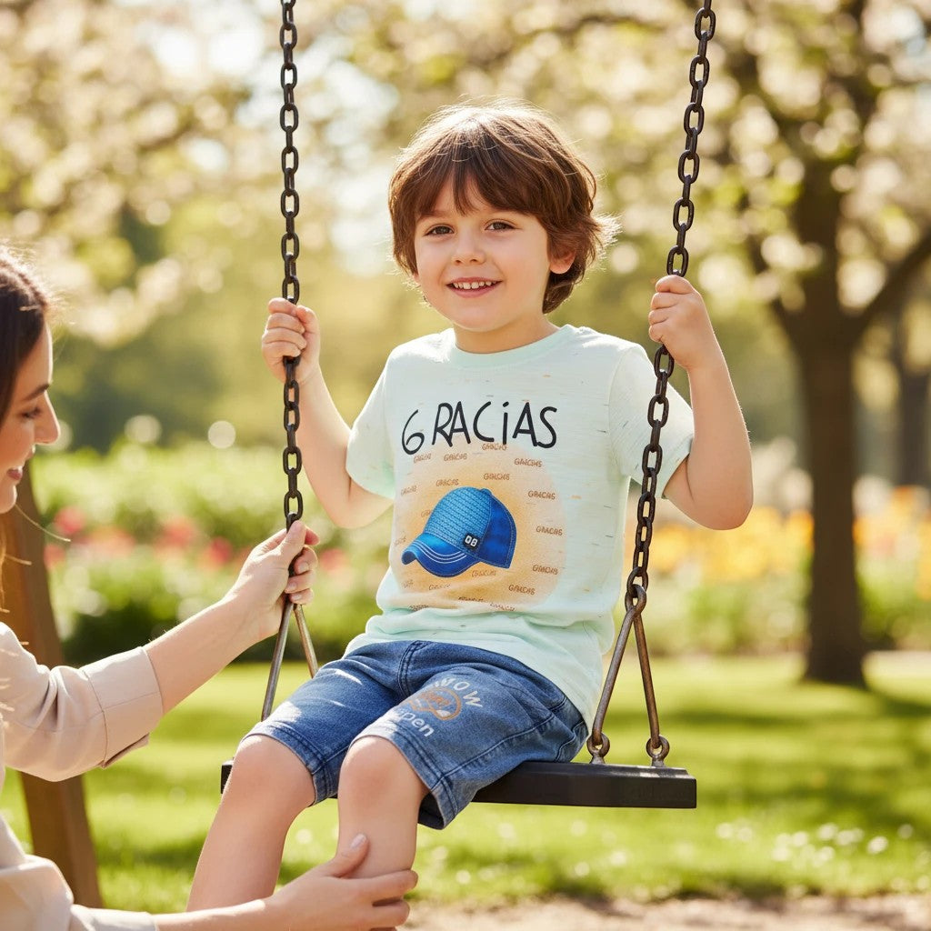 Mini & Mama boys light mint green graphic t-shirt with "6 GRACIAS" and blue baseball cap design, paired with blue denim shorts.