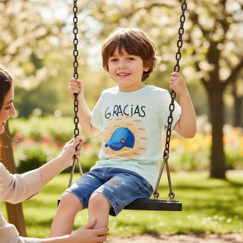 Mini & Mama boys light mint green graphic t-shirt with "6 GRACIAS" and blue baseball cap design, paired with blue denim shorts.