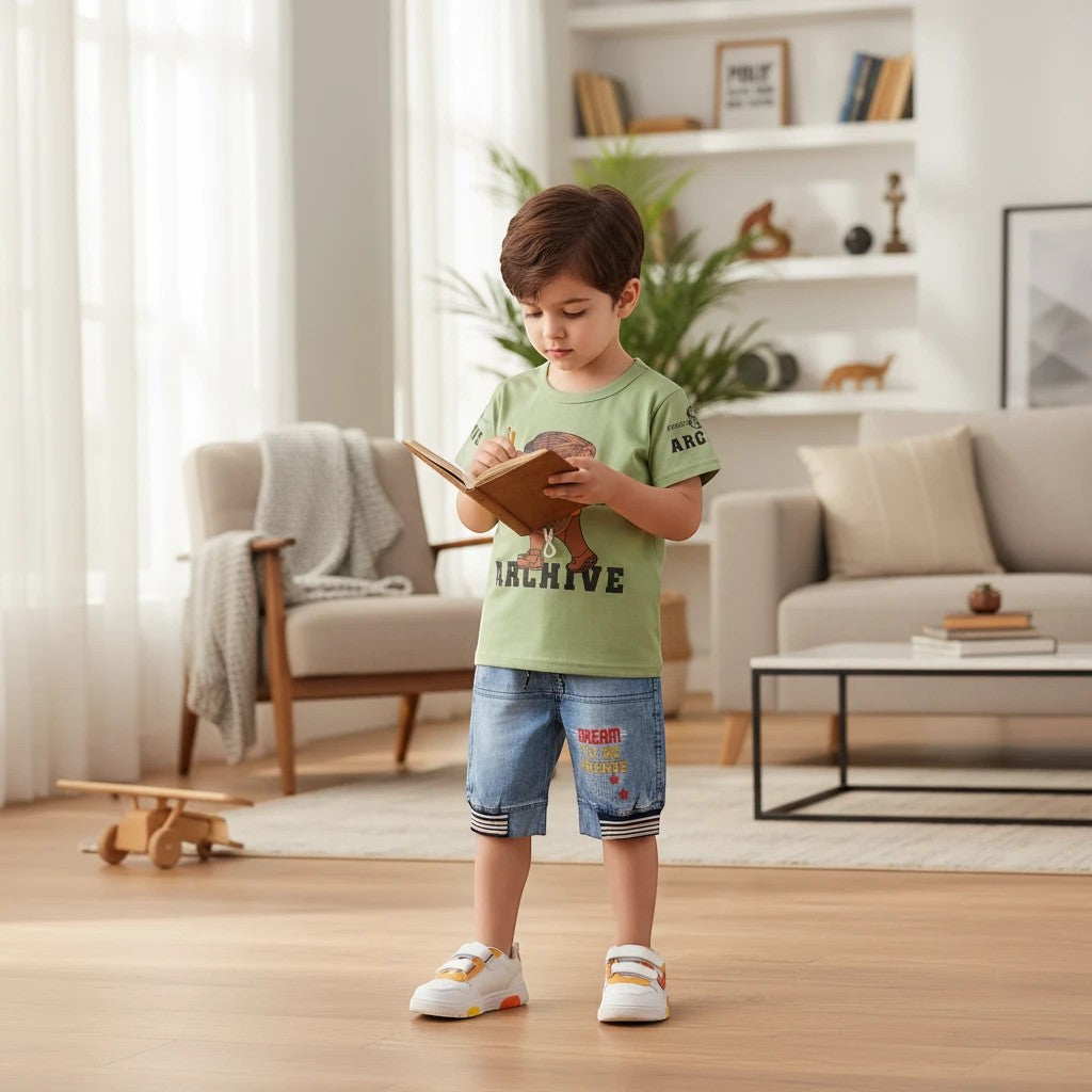 Mini & Mama boys green cotton graphic t-shirt with "ARCHIVE" text and blue denim shorts with "DREAM TO BE ARCHIVE" graphic.