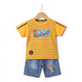 Mini & Mama Boys yellow graphic t-shirt with horizontal stripes and denim shorts set. T-shirt features a bear graphic and "Hustle" text.