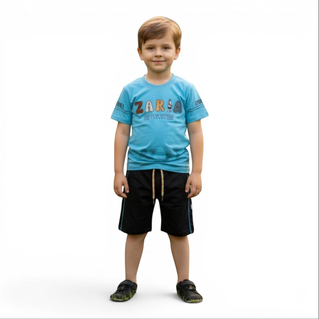 Mini & Mama boys' blue graphic t-shirt with "ZARA" print and black shorts with blue piping. Cotton tee and durable shorts.
