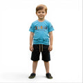 Mini & Mama boys' blue graphic t-shirt with "ZARA" print and black shorts with blue piping. Cotton tee and durable shorts.