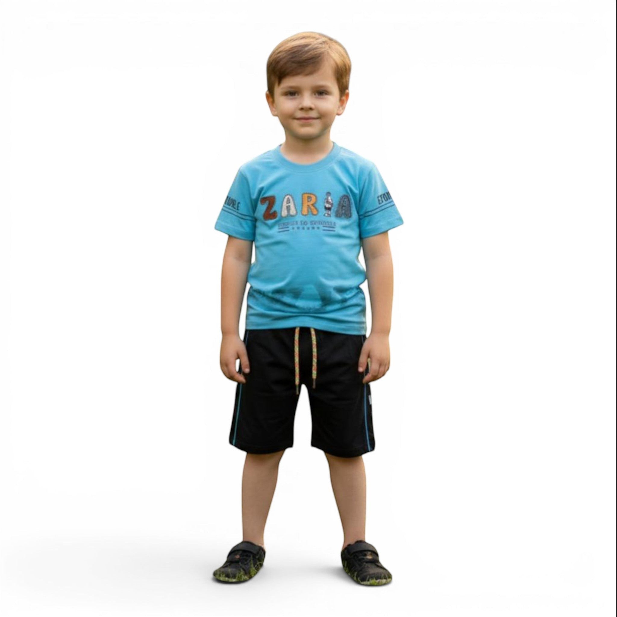 Mini & Mama boys' blue graphic t-shirt with "ZARA" print and black shorts with blue piping. Cotton tee and durable shorts.