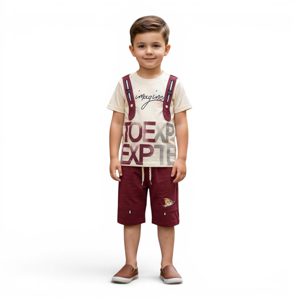 Mini & Mama Boys' cream graphic t-shirt with faux suspenders and burgundy shorts set.
