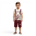 Mini & Mama Boys' cream graphic t-shirt with faux suspenders and burgundy shorts set.