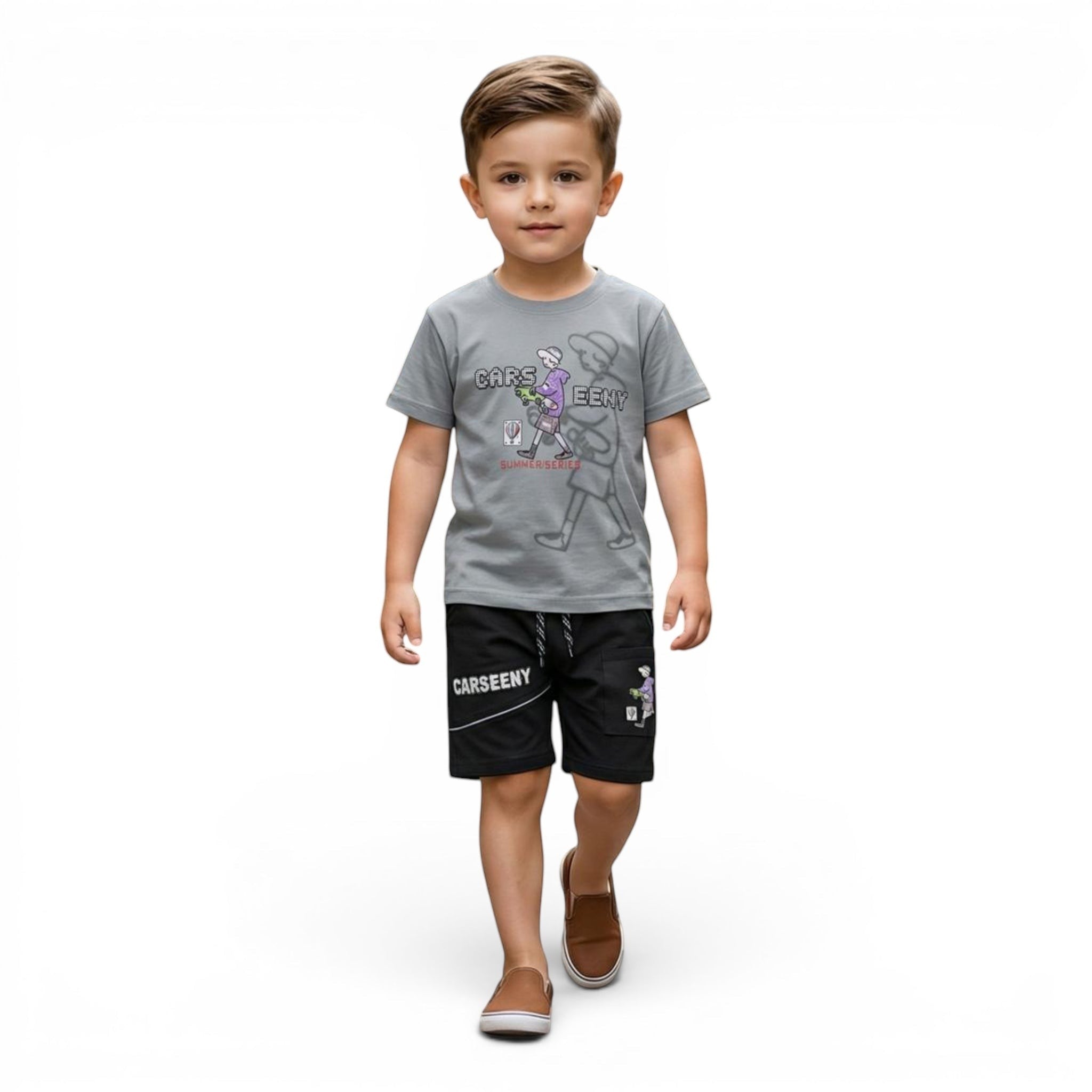 Mini & Mama boys grey graphic t-shirt and black shorts set. T-shirt has a cartoon car graphic. Shorts have an elastic waistband and drawstring.