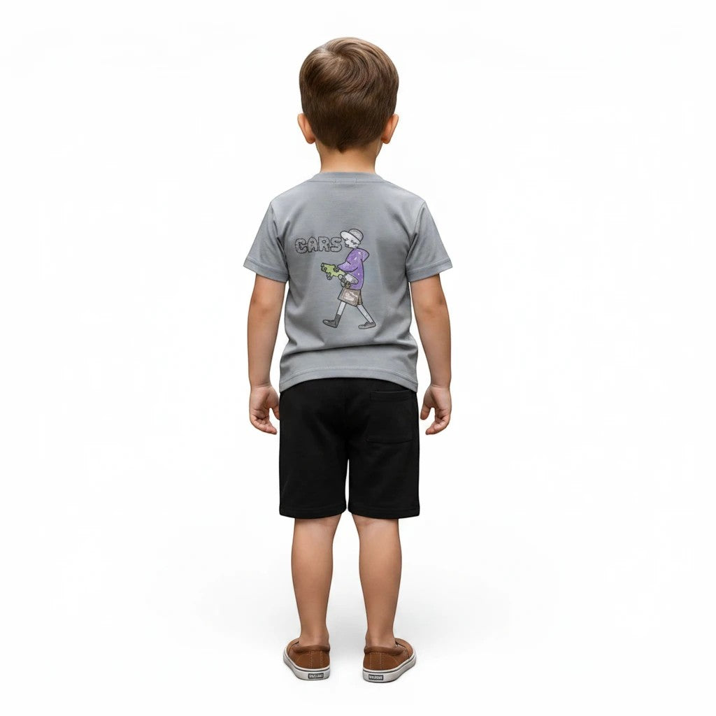 Mini & Mama boys grey graphic t-shirt with black shorts set. T-shirt features a cartoon character and text.