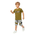 Mini & Mama boys olive green graphic t-shirt and grey color-block shorts set. Cotton t-shirt with bold lettering. Shorts have elastic waistband.