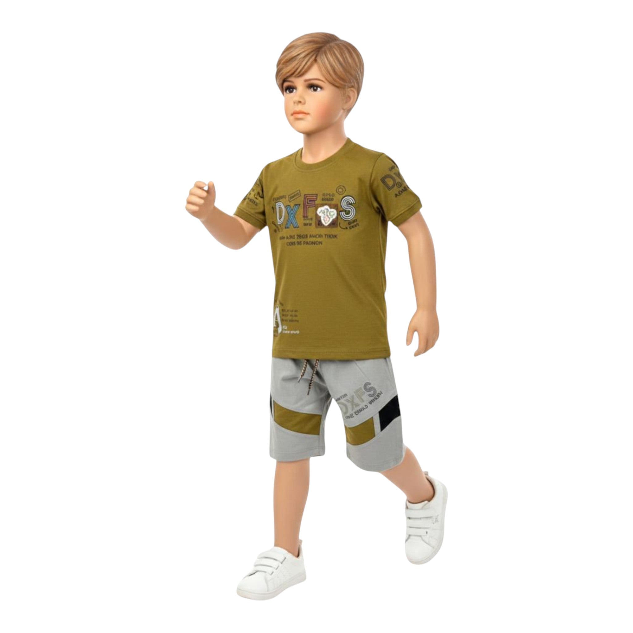 Mini & Mama boys olive green graphic t-shirt and grey color-block shorts set. Cotton t-shirt with bold lettering. Shorts have elastic waistband.