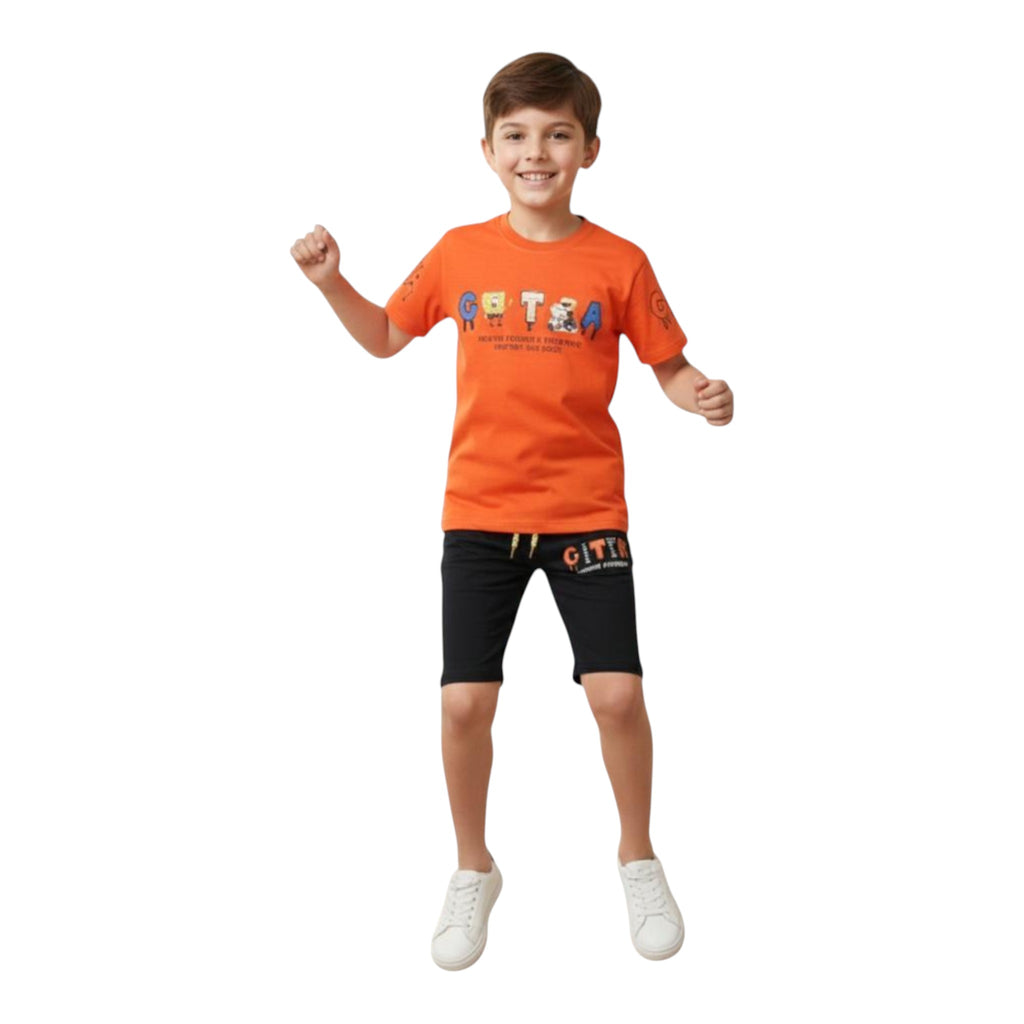 Mini & Mama boys' orange cotton graphic t-shirt and black shorts set with elastic waistband.