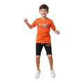 Mini & Mama boys' orange cotton graphic t-shirt and black shorts set with elastic waistband.