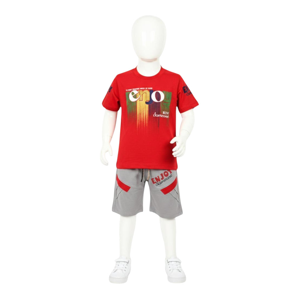 Mini & Mama boys red graphic t-shirt with "ero" and "ENJOY Someone" text, paired with grey shorts. Comfortable and stylish.