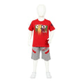 Mini & Mama boys red graphic t-shirt with "ero" and "ENJOY Someone" text, paired with grey shorts. Comfortable and stylish.