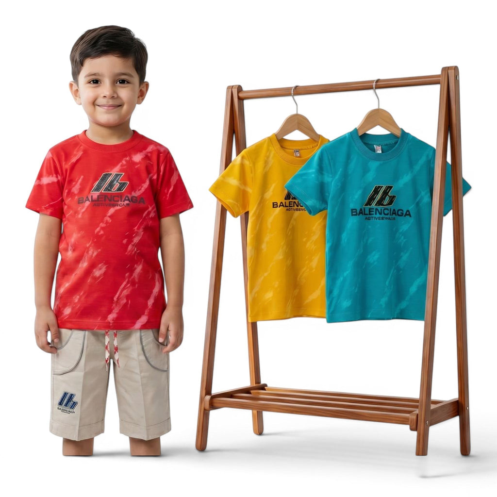 Mini & Mama Boys red tie-dye graphic t-shirt and beige shorts set. Three t-shirts on rack: red, yellow, blue.