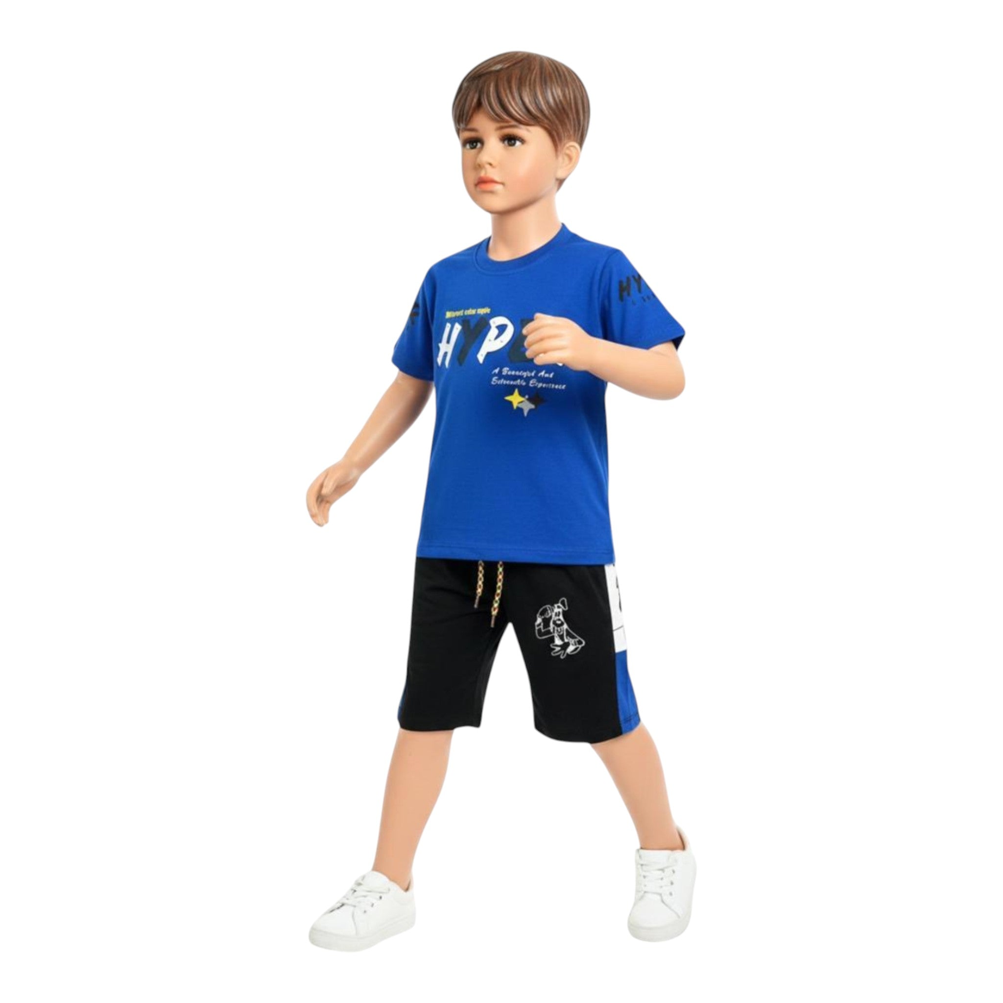 Mini & Mama Boys royal blue graphic t-shirt with "HYP" print and black shorts with side panel. Comfortable set for active play.