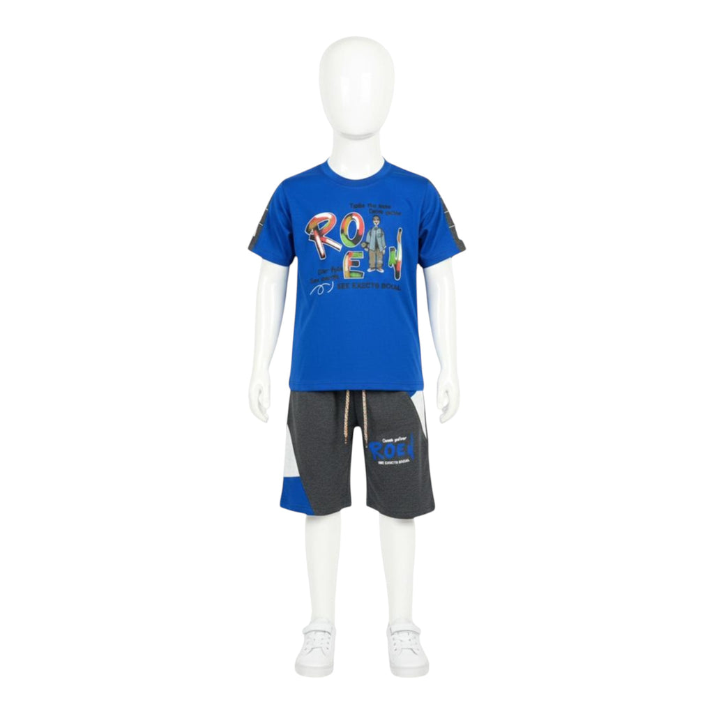 Mini & Mama boys' royal blue graphic t-shirt and charcoal grey shorts set with drawstring waist and color-blocked panels.
