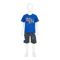 Mini & Mama boys' royal blue graphic t-shirt and charcoal grey shorts set with drawstring waist and color-blocked panels.
