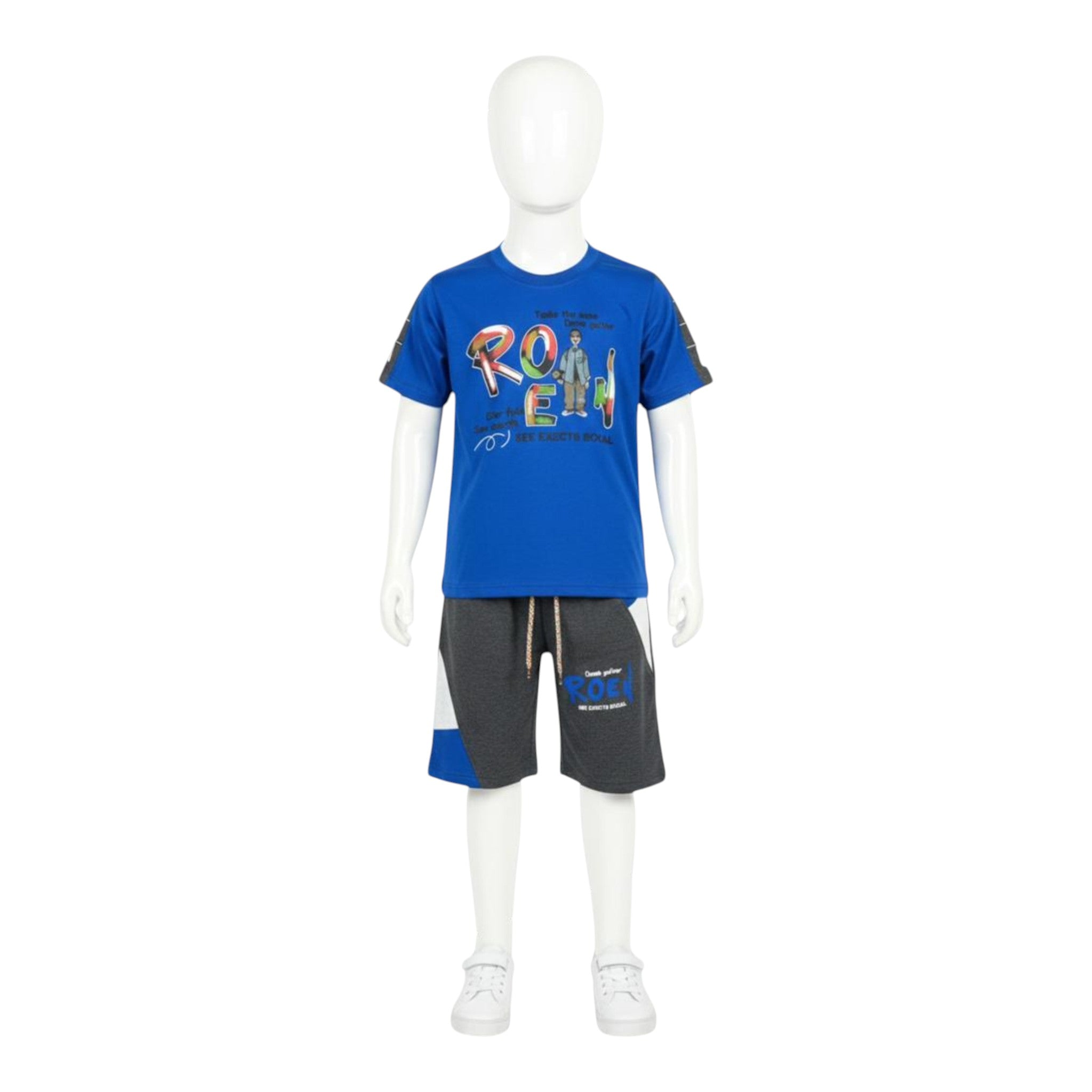Mini & Mama boys' royal blue graphic t-shirt and charcoal grey shorts set with drawstring waist and color-blocked panels.