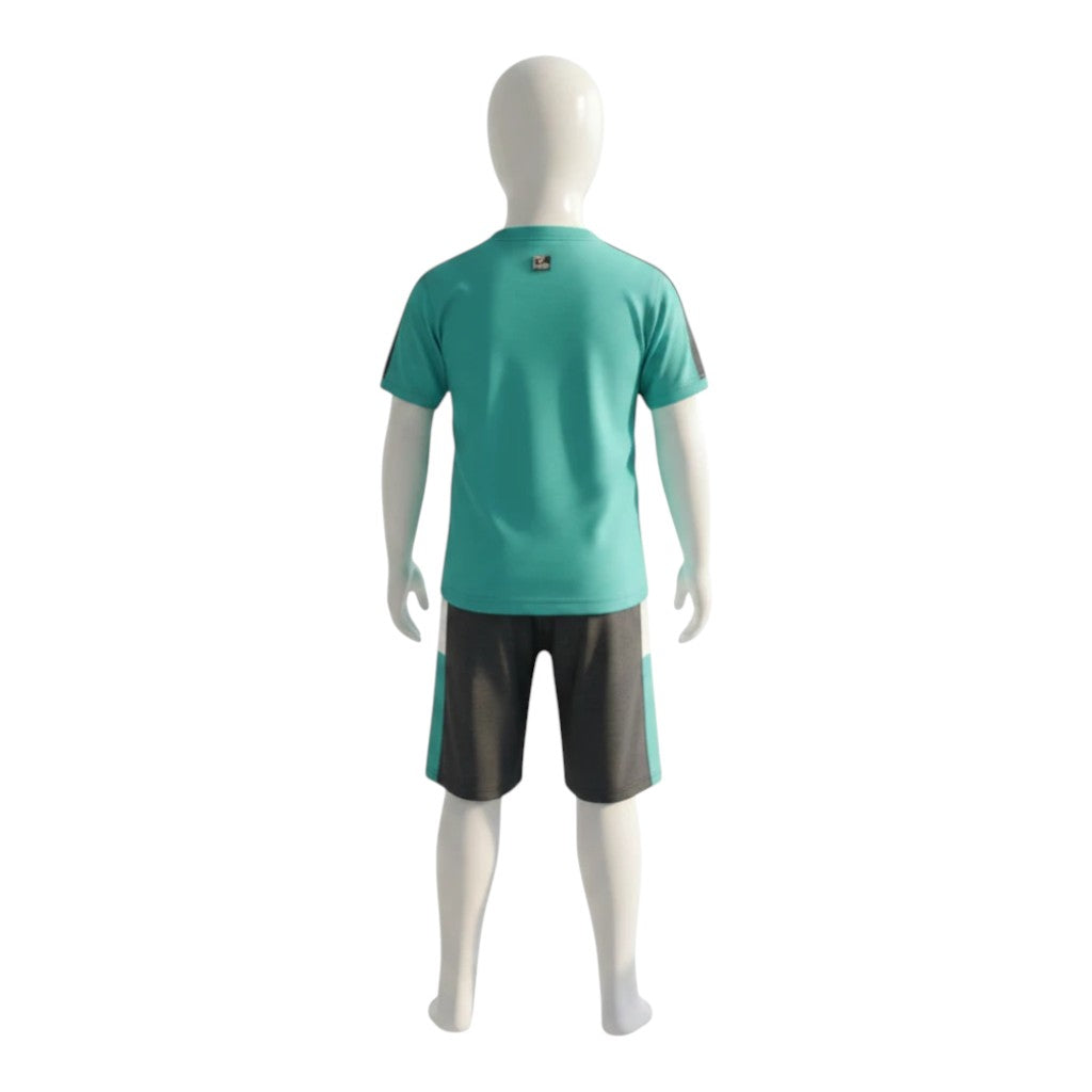 Mini & Mama boys' teal graphic t-shirt and charcoal shorts set with teal and white side panels. Cotton blend.