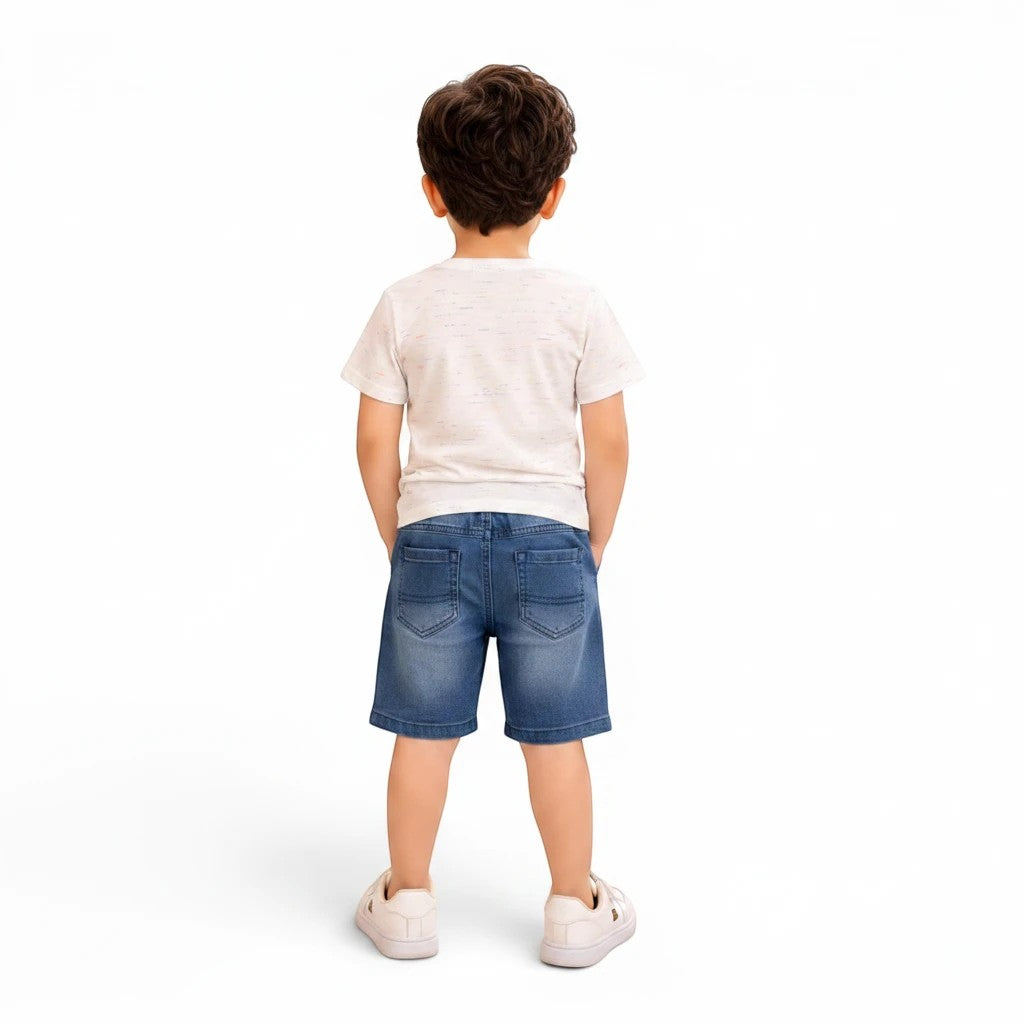 Mini & Mama boys' white graphic tee and blue denim shorts set. Comfortable cotton tee with short sleeves and durable shorts with adjustable drawstring waist.