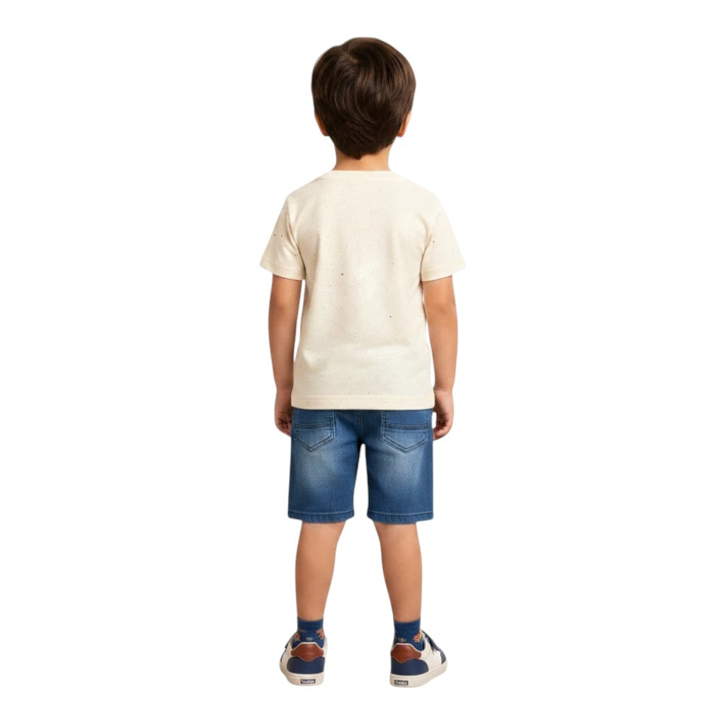 Mini & Mama boys' cream speckled cotton graphic t-shirt and blue denim shorts set.