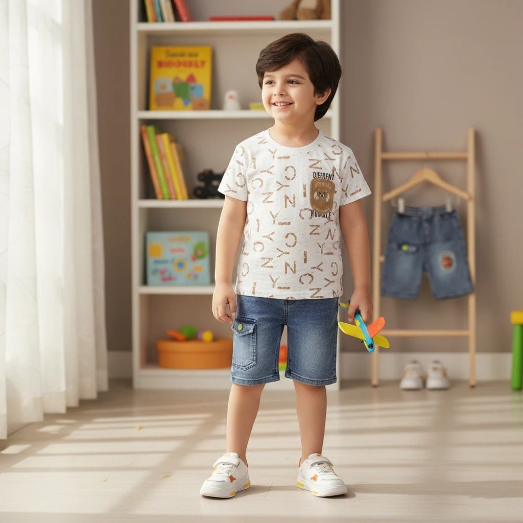 Mini & Mama Boys cream graphic print t-shirt with "DIFFRRENT" and "HUMBLE" text and bear motif, paired with blue denim cargo shorts.