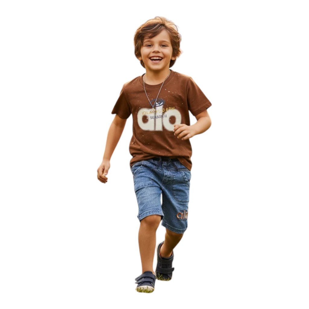 Mini & Mama boys' brown cotton t-shirt with "alo" graphic and blue denim shorts with elastic waistband.
