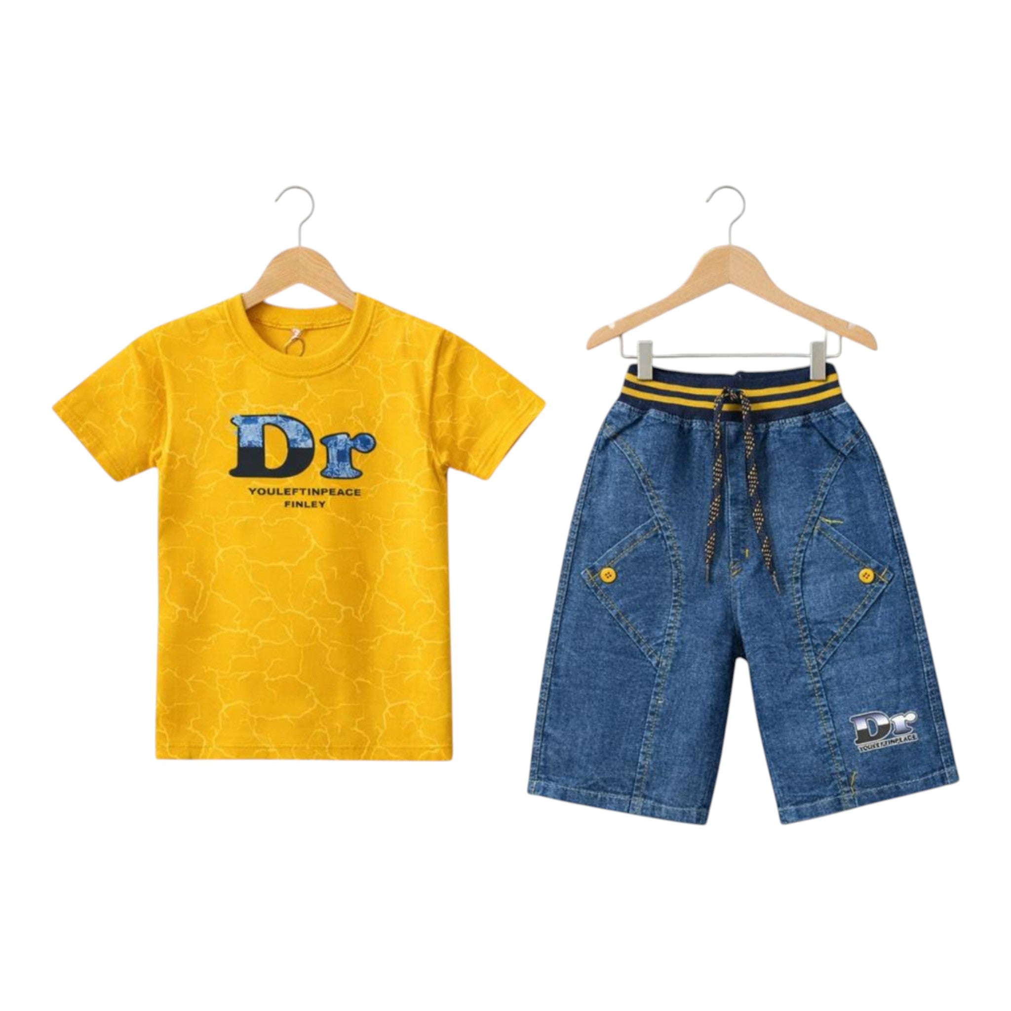 Mini & Mama Boys yellow graphic t-shirt with textured print and blue denim shorts with drawstring waist and pockets.