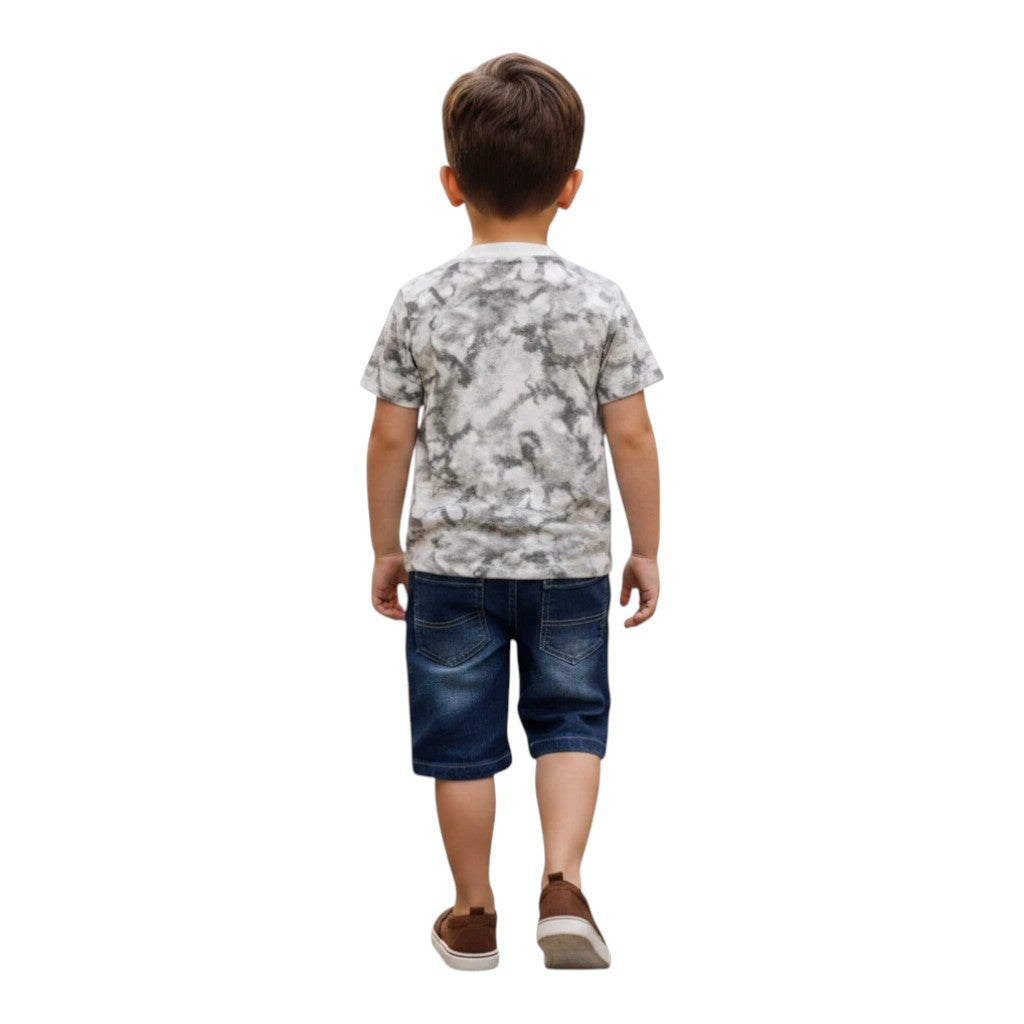 Mini & Mama boys' grey marble graphic t-shirt and blue denim shorts set. Features a drawstring waist.