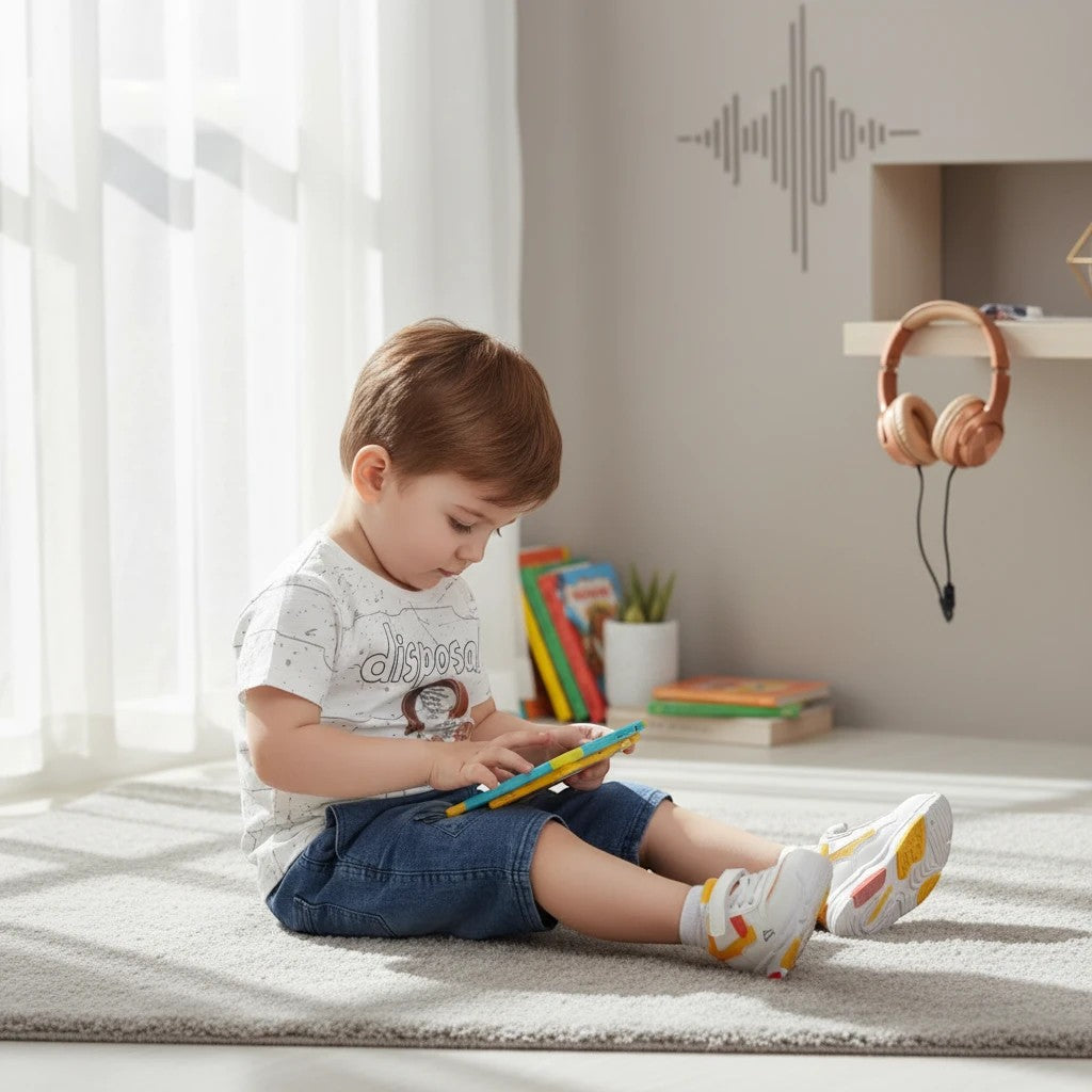 Mini & Mama boys' white graphic t-shirt with headphone design and blue denim shorts with elastic waistband.
