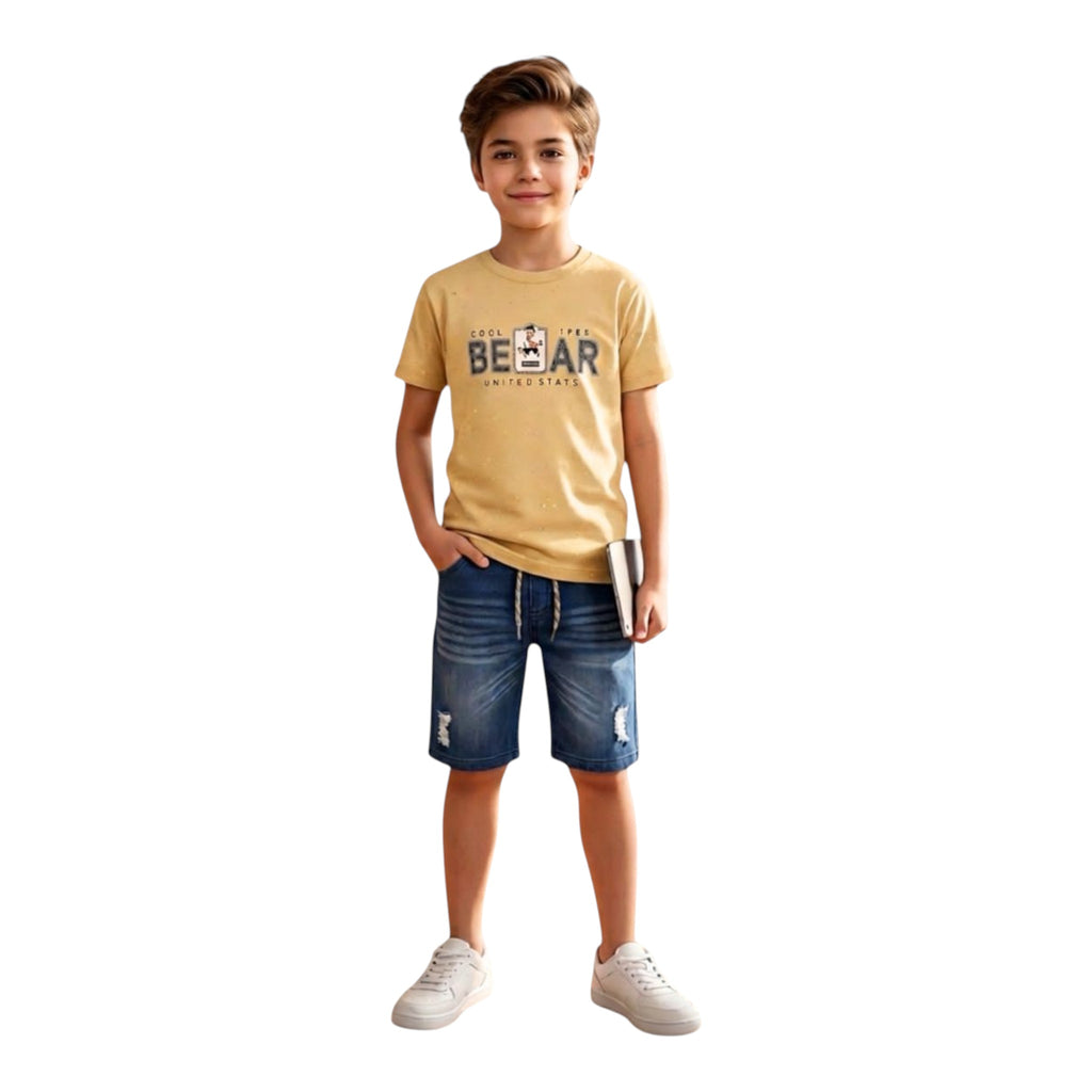 Mini & Mama boys yellow graphic t-shirt with distressed denim shorts set. Cotton tee with bear graphic.