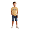 Mini & Mama boys yellow graphic t-shirt with distressed denim shorts set. Cotton tee with bear graphic.