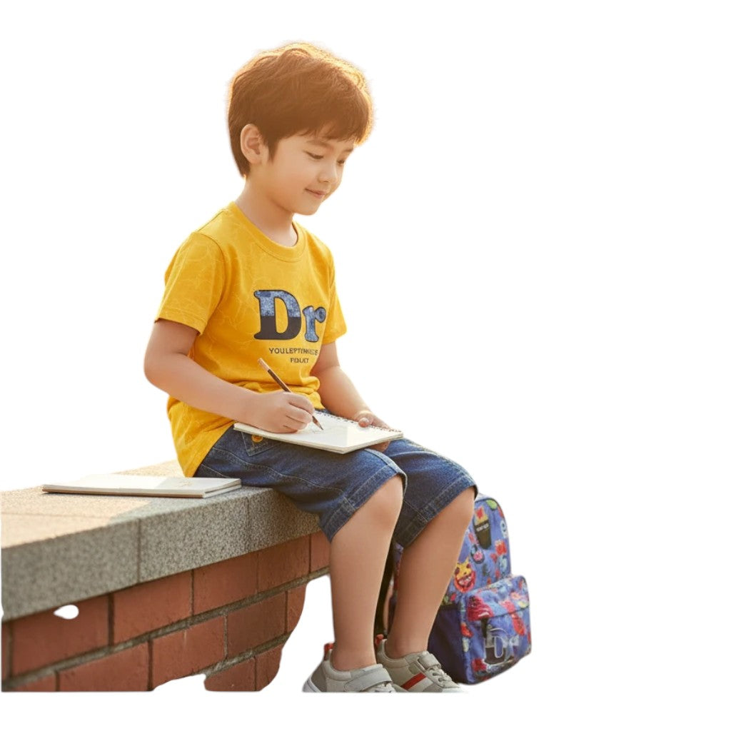 Mini & Mama Boys yellow graphic t-shirt and blue denim shorts set. Boy sitting and drawing.
