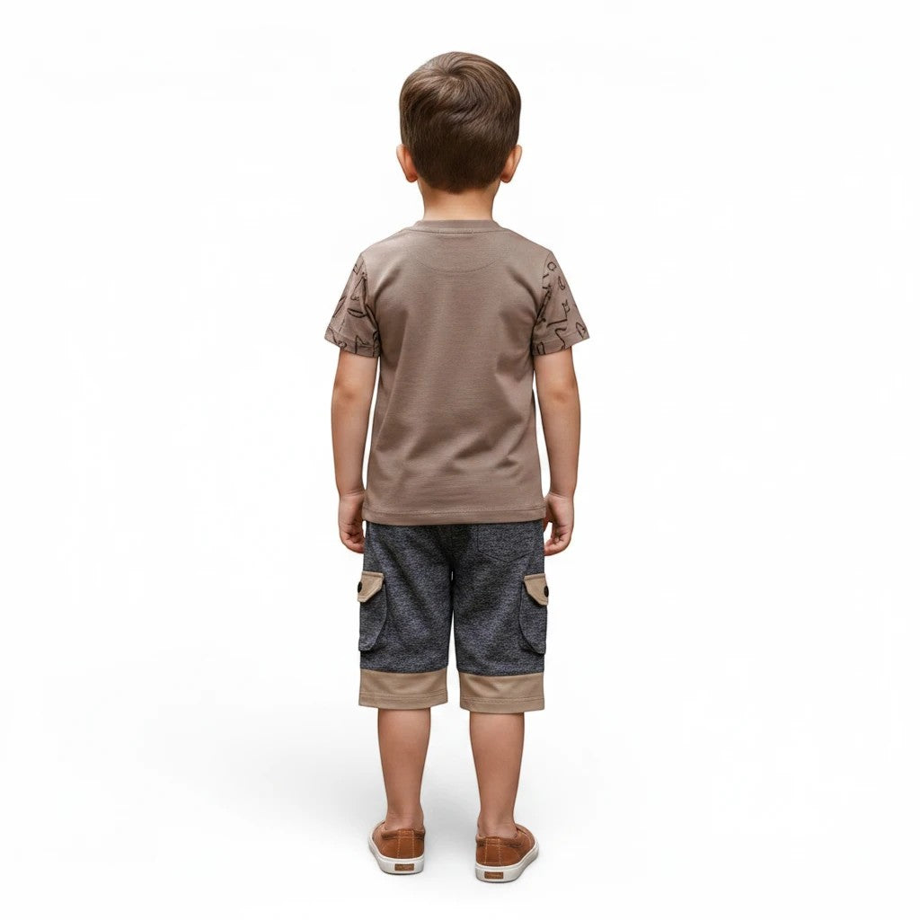 Mini & Mama boys' brown graphic print t-shirt and grey cargo shorts set with drawstring waist and cargo pockets.