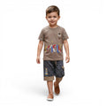 Mini & Mama boys' brown graphic t-shirt with colorful "AMELIE" lettering and grey cargo shorts with drawstring waist.