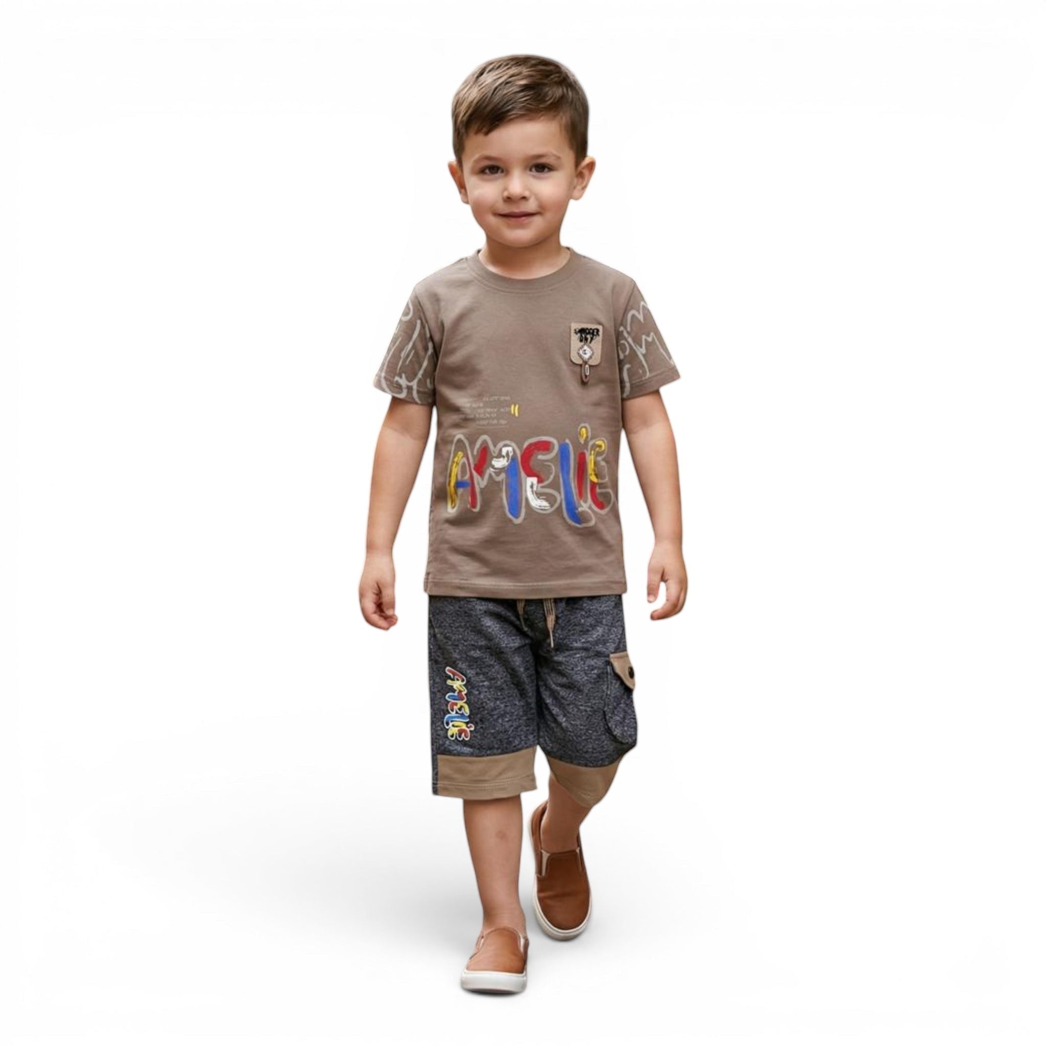 Mini & Mama boys' brown graphic t-shirt with colorful "AMELIE" lettering and grey cargo shorts with drawstring waist.