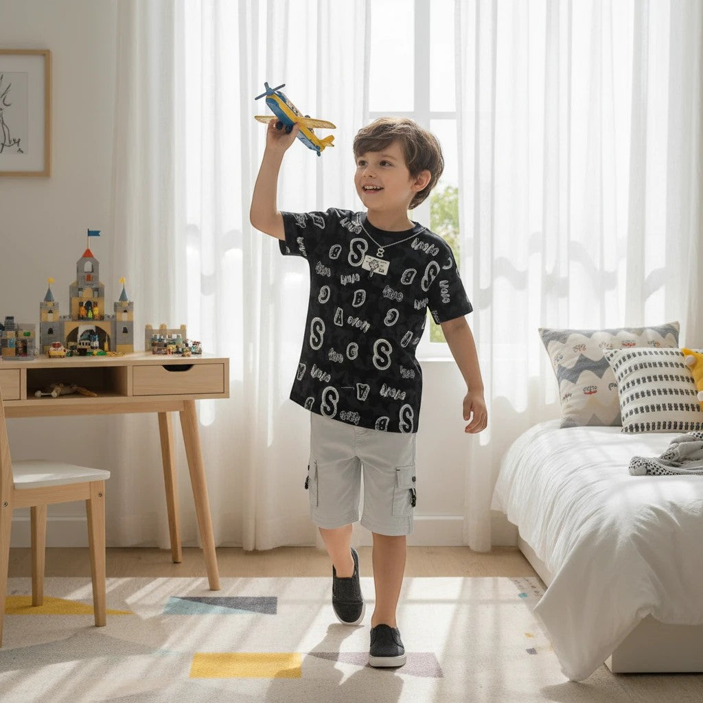Mini & Mama boys black graphic t-shirt and white cargo shorts set. Boy holding toy airplane.