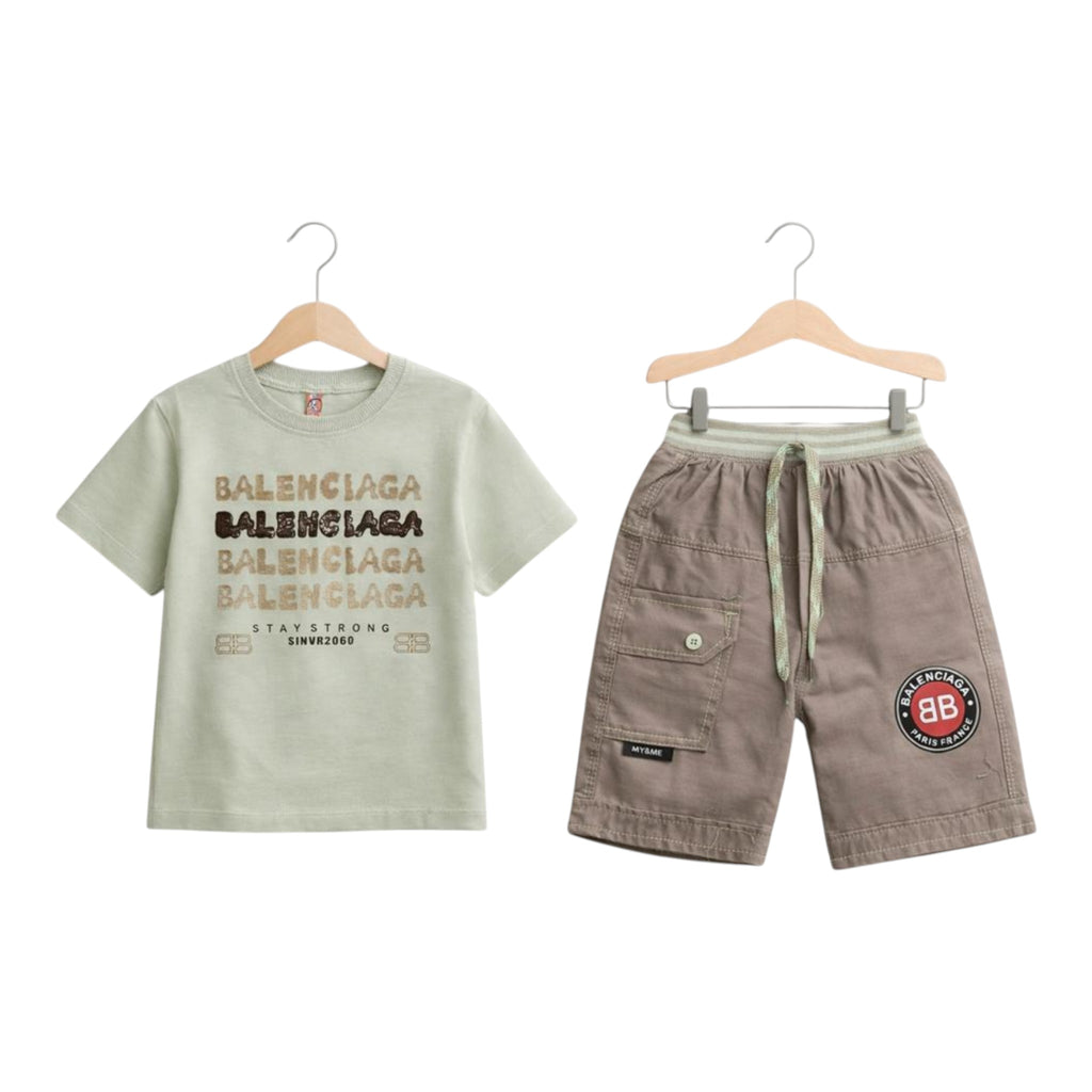 Mini & Mama Boys' light green graphic t-shirt with stacked Balenciaga logo and khaki cargo shorts with drawstring waist.