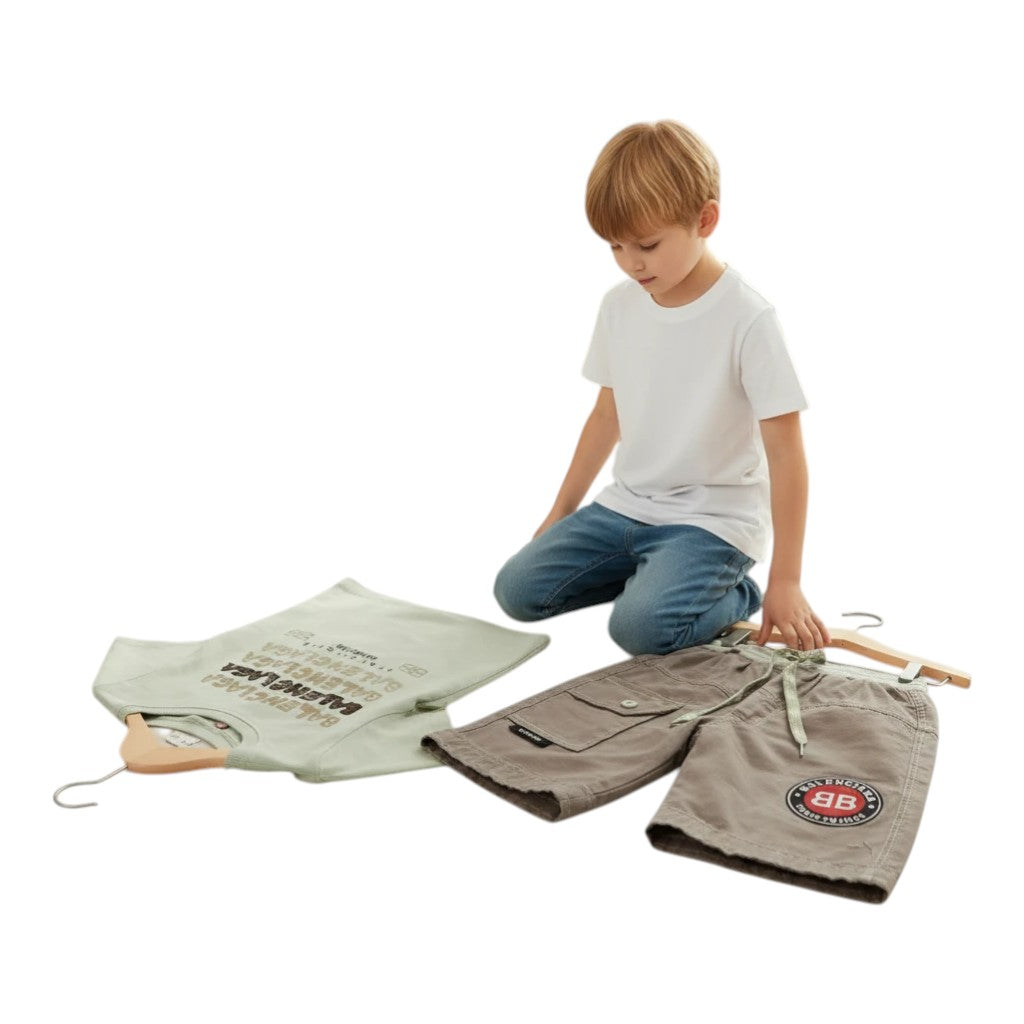 Mini & Mama Boys' light green graphic t-shirt and khaki cargo shorts set with drawstring waist and logo patch.