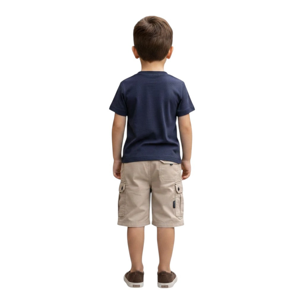 Mini & Mama boys' navy blue cotton graphic t-shirt and khaki cargo shorts set with drawstring waist.