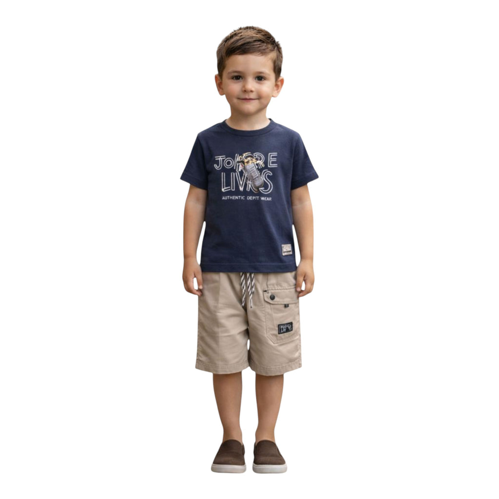 Mini & Mama boys' navy blue cotton graphic t-shirt and khaki cargo shorts set with drawstring waist.