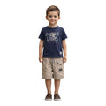 Mini & Mama boys' navy blue cotton graphic t-shirt and khaki cargo shorts set with drawstring waist.