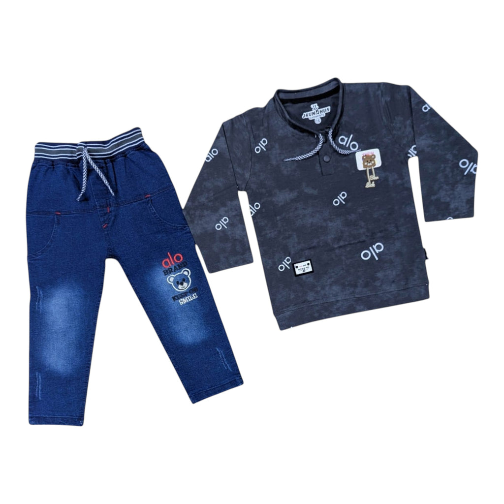 Mini & Mama boys' dark grey graphic print long sleeve t-shirt and blue denim pants set with bear graphic.