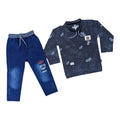 Mini & Mama boys' dark grey graphic print long sleeve t-shirt and blue denim pants set with bear graphic.