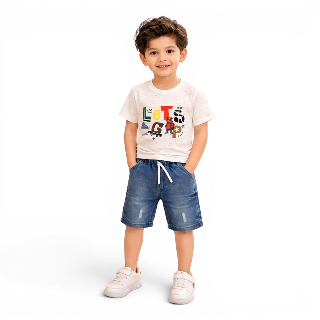 Mini & Mama boys' white graphic print t-shirt and blue denim shorts set with drawstring waist.
